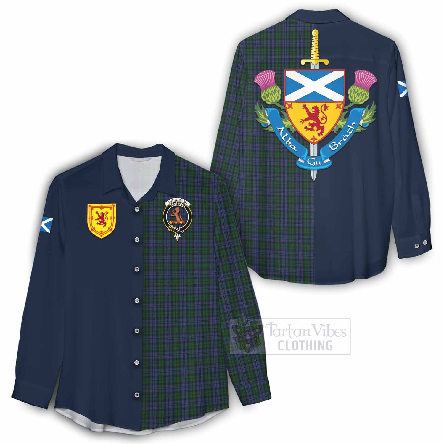 Tartan Vibes Clothing Sutherland Tartan Women's Casual Shirt Alba with Scottish Lion Royal Arm Half Style