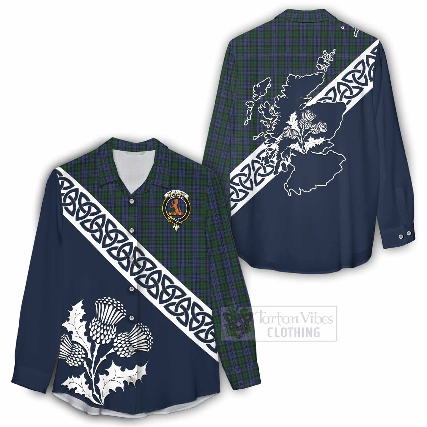 Tartan Vibes Clothing Sutherland Tartan Women's Casual Shirt Featuring Thistle and Scotland Map