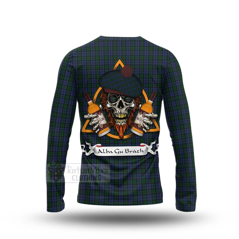 Tartan Vibes Clothing Sutherland Tartan Long Sleeve T-Shirt with Family Crest and Bearded Skull Holding Bottles of Whiskey