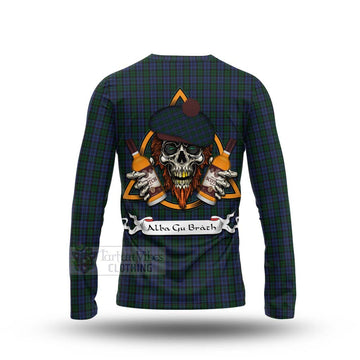 Sutherland Tartan Long Sleeve T-Shirt with Family Crest and Bearded Skull Holding Bottles of Whiskey