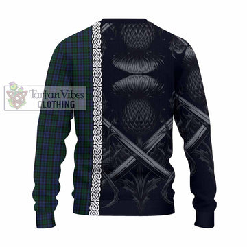 Sutherland Tartan Knitted Sweater with Family Crest Cross Sword Thistle Celtic Vibes