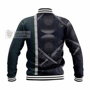 Sutherland Tartan Baseball Jacket with Family Crest Cross Sword Thistle Celtic Vibes