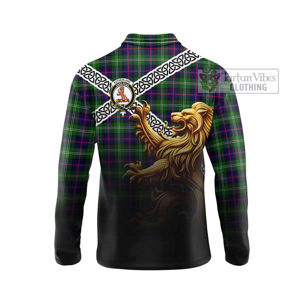 Sutherland Crest Tartan Long Sleeve Polo Shirt with Golden Lion Emblem Celtic Style - Tartan Vibes Clothing
