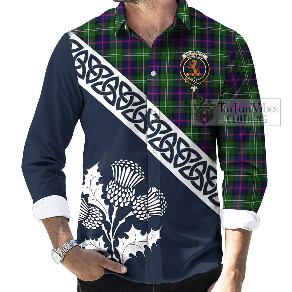 Sutherland Tartan Long Sleeve Button Shirt Featuring Thistle and Scotland Map Men's Shirt - Tartan Vibes Clothing