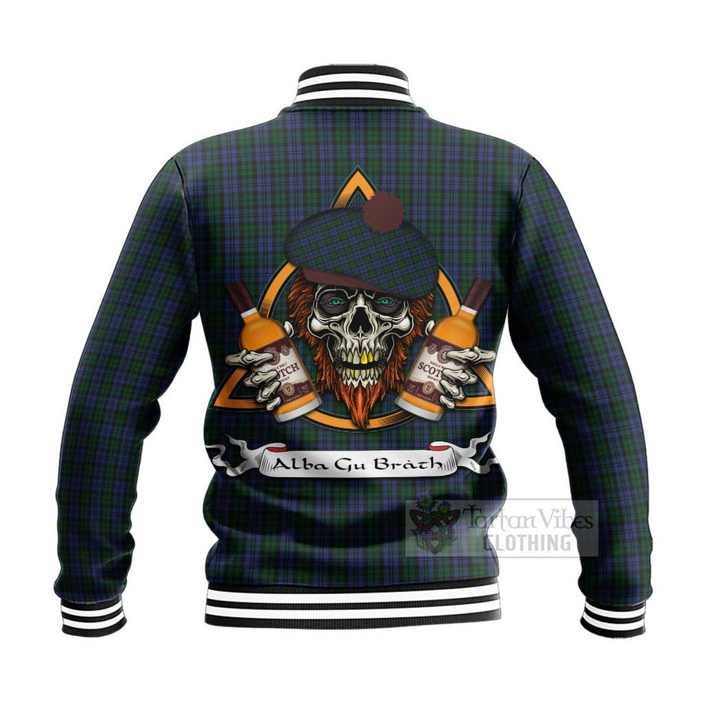 Tartan Vibes Clothing Sutherland Tartan Baseball Jacket with Family Crest and Bearded Skull Holding Bottles of Whiskey