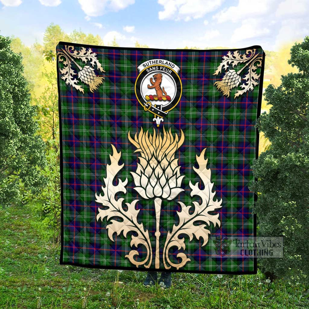 Tartan Vibes Clothing Sutherland Tartan Quilt with Family Crest and Golden Thistle Style