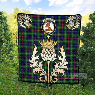 Sutherland Tartan Quilt with Family Crest and Golden Thistle Style