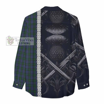 Sutherland Tartan Women's Casual Shirt with Family Crest Cross Sword Thistle Celtic Vibes