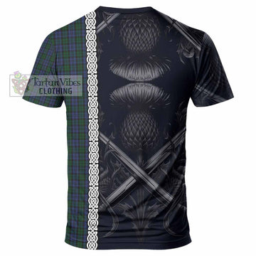 Sutherland Tartan T-Shirt with Family Crest Cross Sword Thistle Celtic Vibes