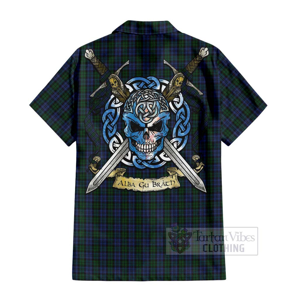 Tartan Vibes Clothing Sutherland Tartan Short Sleeve Button Shirt with Family Crest Celtic Skull Style