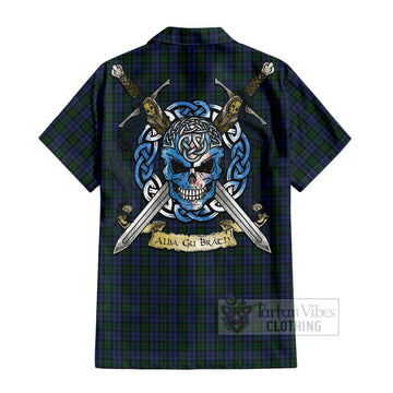 Sutherland Tartan Short Sleeve Button Shirt with Family Crest Celtic Skull Style