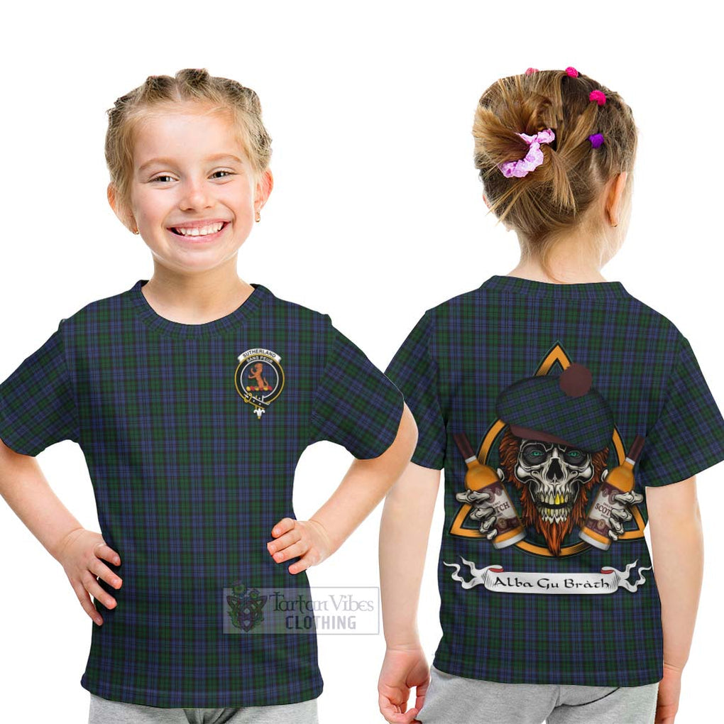 Tartan Vibes Clothing Sutherland Tartan Kid T-Shirt with Family Crest and Bearded Skull Holding Bottles of Whiskey