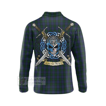 Sutherland Tartan Long Sleeve Polo Shirt with Family Crest Celtic Skull Style