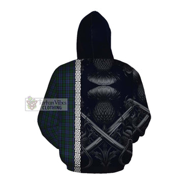 Sutherland Tartan Cotton Hoodie with Family Crest Cross Sword Thistle Celtic Vibes