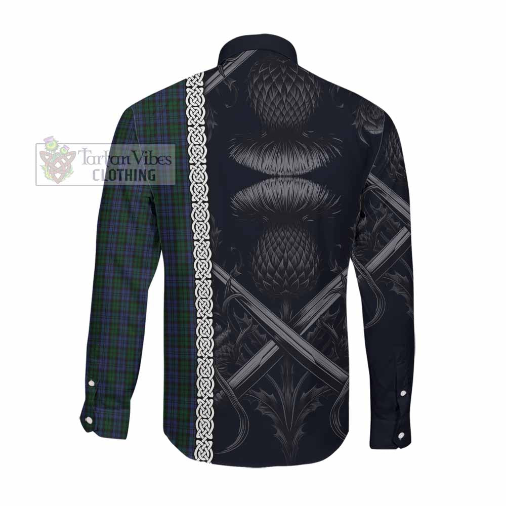 Tartan Vibes Clothing Sutherland Tartan Long Sleeve Button Shirt with Family Crest Cross Sword Thistle Celtic Vibes