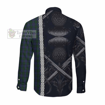 Sutherland Tartan Long Sleeve Button Shirt with Family Crest Cross Sword Thistle Celtic Vibes