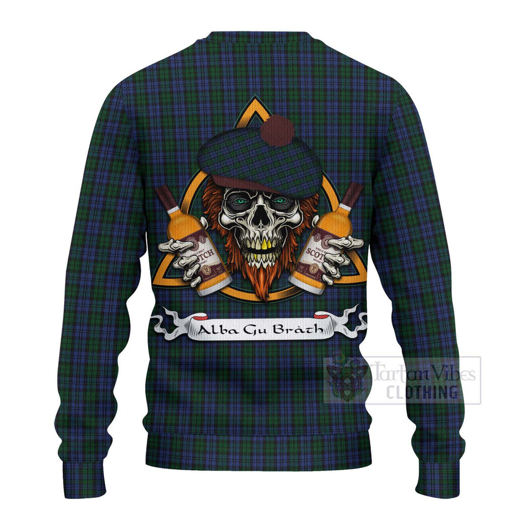 Tartan Vibes Clothing Sutherland Tartan Knitted Sweater with Family Crest and Bearded Skull Holding Bottles of Whiskey