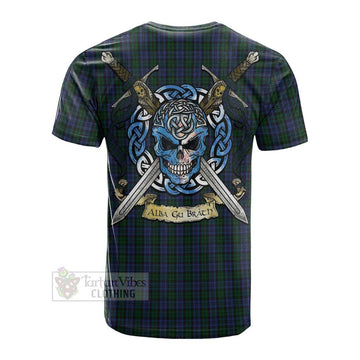 Sutherland Tartan Cotton T-shirt with Family Crest Celtic Skull Style