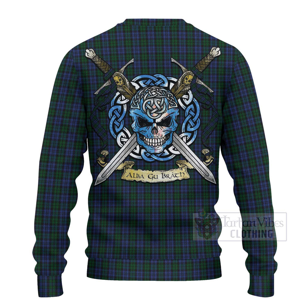 Tartan Vibes Clothing Sutherland Tartan Knitted Sweater with Family Crest Celtic Skull Style