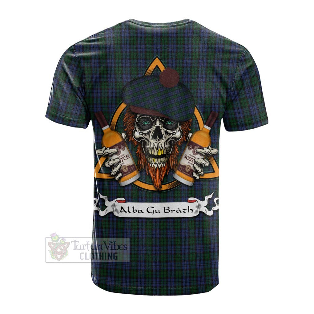 Tartan Vibes Clothing Sutherland Tartan Cotton T-shirt with Family Crest and Bearded Skull Holding Bottles of Whiskey