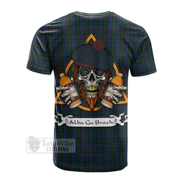 Sutherland Tartan Cotton T-shirt with Family Crest and Bearded Skull Holding Bottles of Whiskey