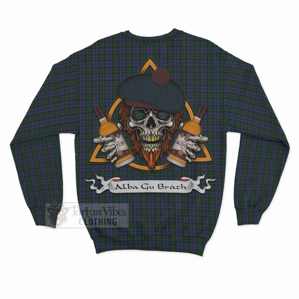 Tartan Vibes Clothing Sutherland Tartan Sweatshirt with Family Crest and Bearded Skull Holding Bottles of Whiskey