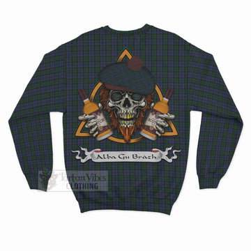 Sutherland Tartan Sweatshirt with Family Crest and Bearded Skull Holding Bottles of Whiskey