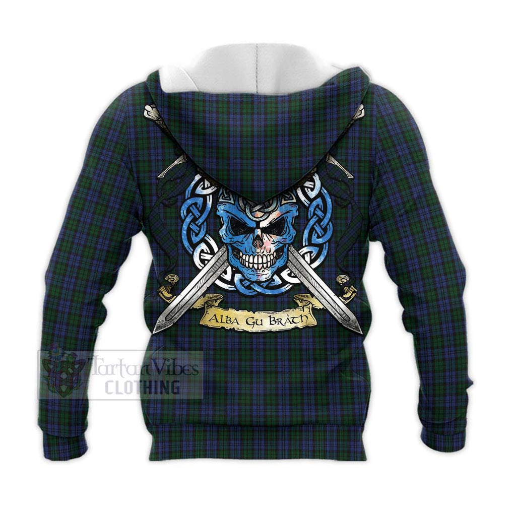 Tartan Vibes Clothing Sutherland Tartan Knitted Hoodie with Family Crest Celtic Skull Style