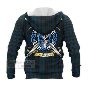 Sutherland Tartan Knitted Hoodie with Family Crest Celtic Skull Style