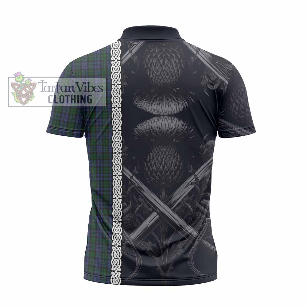 Tartan Vibes Clothing Sutherland Tartan Zipper Polo Shirt with Family Crest Cross Sword Thistle Celtic Vibes