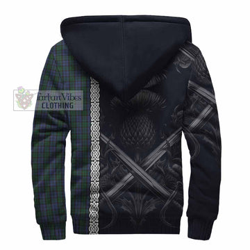 Sutherland Tartan Sherpa Hoodie with Family Crest Cross Sword Thistle Celtic Vibes