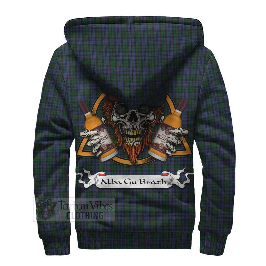 Tartan Vibes Clothing Sutherland Tartan Sherpa Hoodie with Family Crest and Bearded Skull Holding Bottles of Whiskey