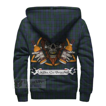 Sutherland Tartan Sherpa Hoodie with Family Crest and Bearded Skull Holding Bottles of Whiskey