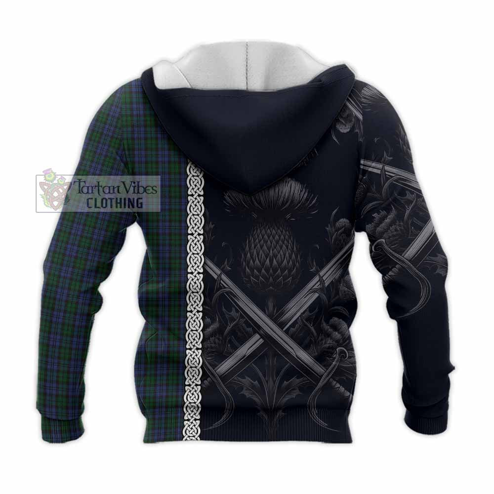 Tartan Vibes Clothing Sutherland Tartan Knitted Hoodie with Family Crest Cross Sword Thistle Celtic Vibes