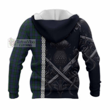 Sutherland Tartan Knitted Hoodie with Family Crest Cross Sword Thistle Celtic Vibes