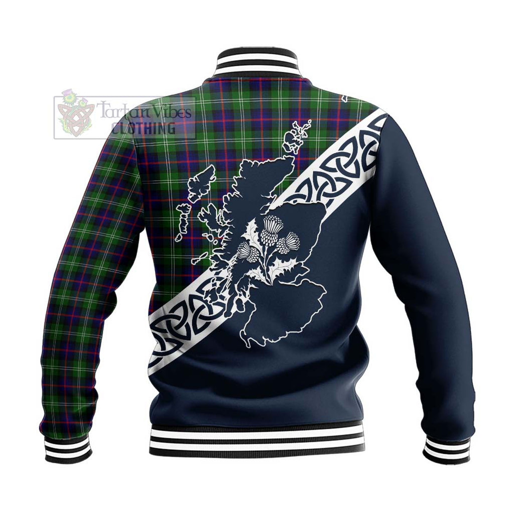 Tartan Vibes Clothing Sutherland Tartan Baseball Jacket Featuring Thistle and Scotland Map