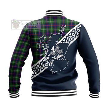 Sutherland Tartan Baseball Jacket Featuring Thistle and Scotland Map