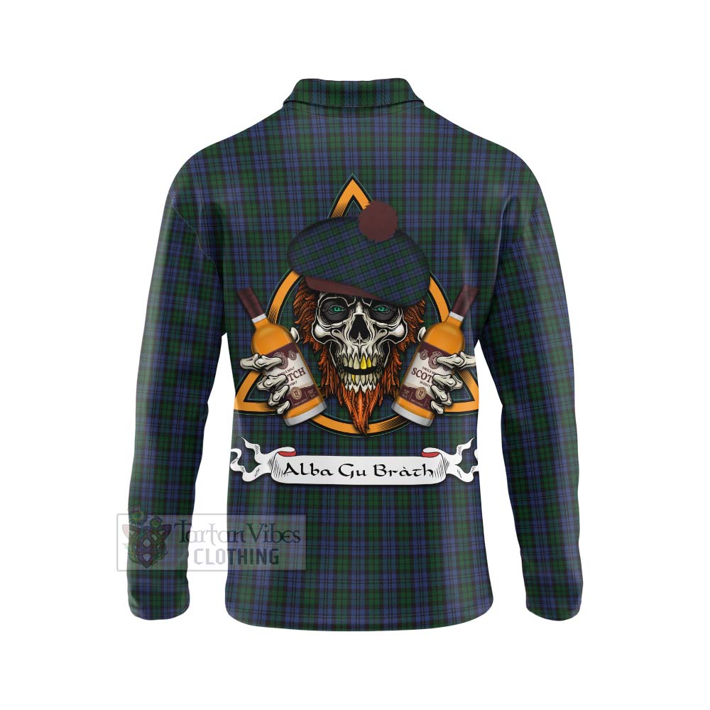 Tartan Vibes Clothing Sutherland Tartan Long Sleeve Polo Shirt with Family Crest and Bearded Skull Holding Bottles of Whiskey