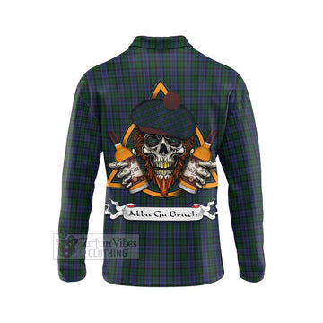 Sutherland Tartan Long Sleeve Polo Shirt with Family Crest and Bearded Skull Holding Bottles of Whiskey