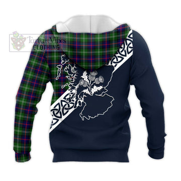 Sutherland Tartan Knitted Hoodie Featuring Thistle and Scotland Map