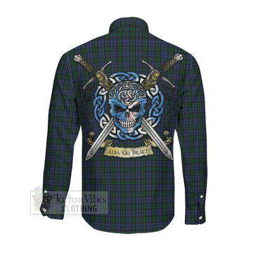 Sutherland Tartan Long Sleeve Button Shirt with Family Crest Celtic Skull Style