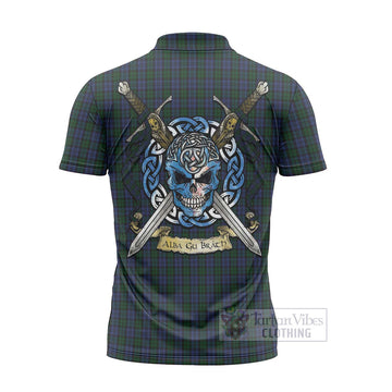 Sutherland Tartan Zipper Polo Shirt with Family Crest Celtic Skull Style