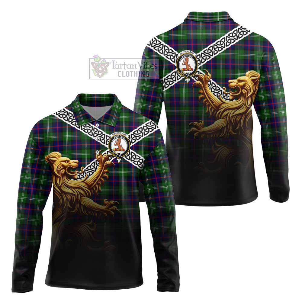 Sutherland Crest Tartan Long Sleeve Polo Shirt with Golden Lion Emblem Celtic Style - Tartan Vibes Clothing