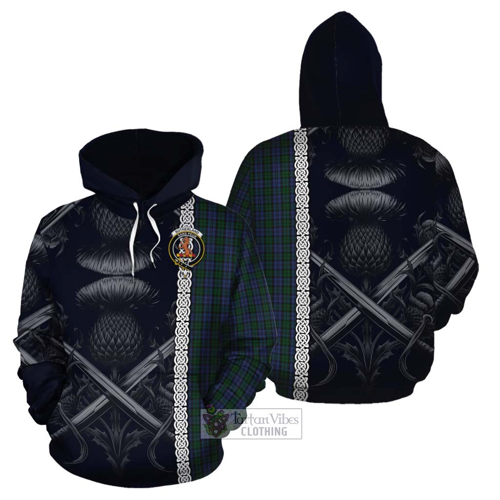 Tartan Vibes Clothing Sutherland Tartan Cotton Hoodie with Family Crest Cross Sword Thistle Celtic Vibes