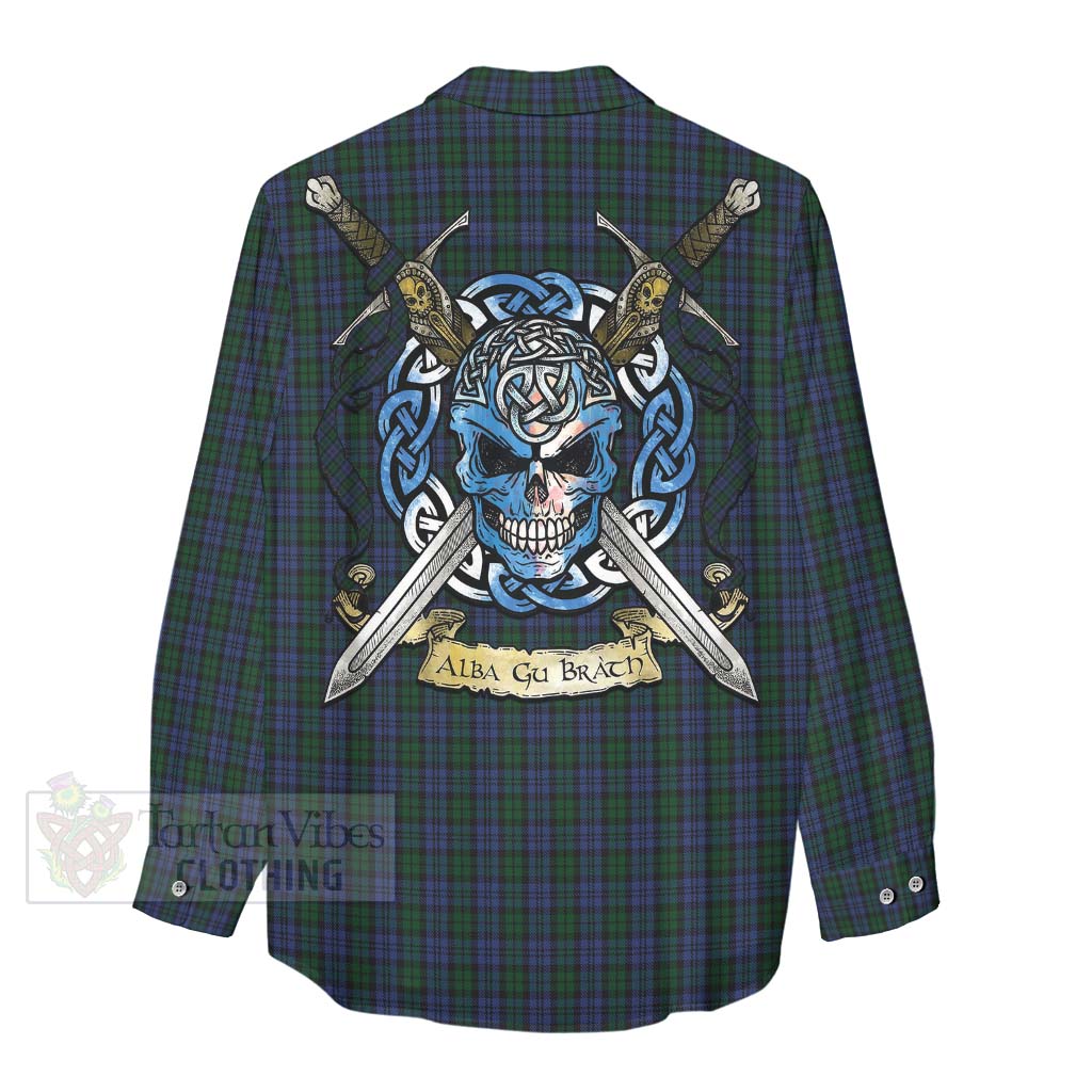 Tartan Vibes Clothing Sutherland Tartan Women's Casual Shirt with Family Crest Celtic Skull Style