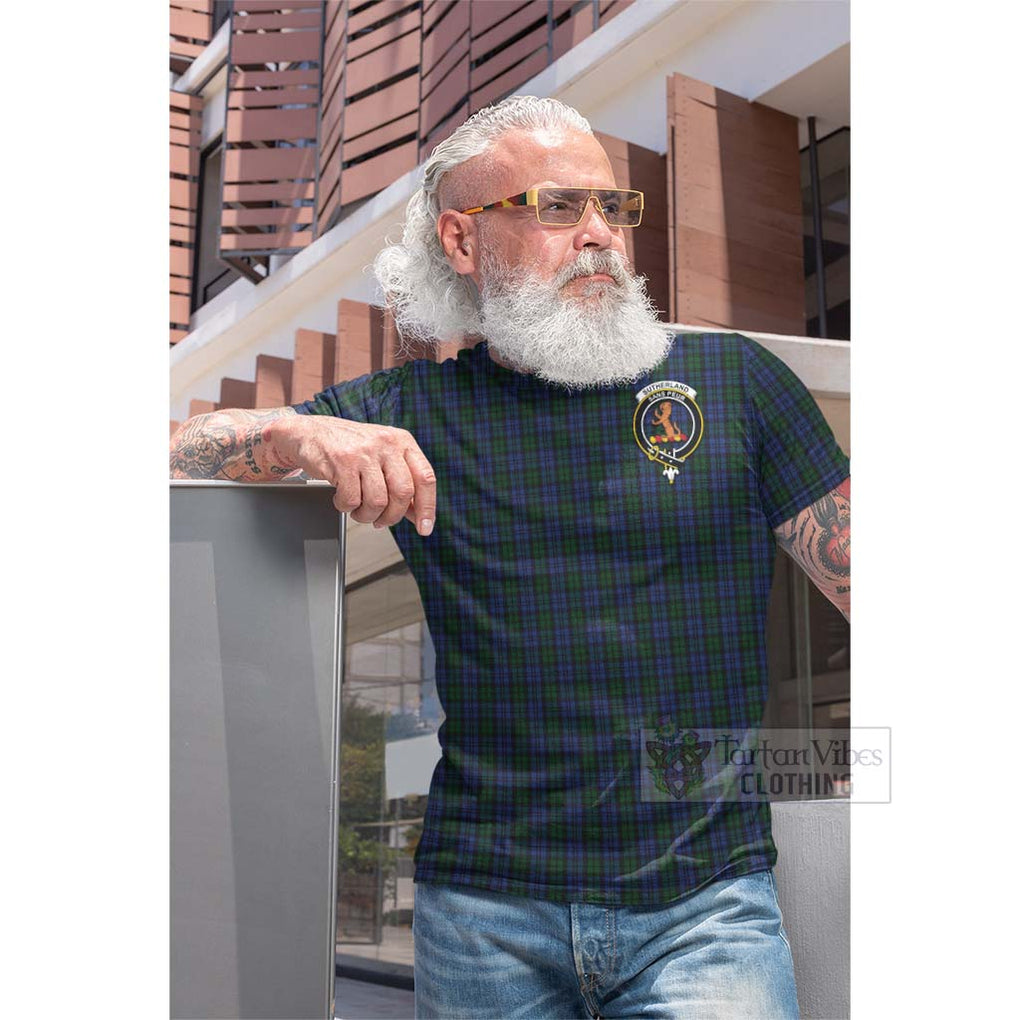 Tartan Vibes Clothing Sutherland Tartan Cotton T-shirt with Family Crest and Bearded Skull Holding Bottles of Whiskey