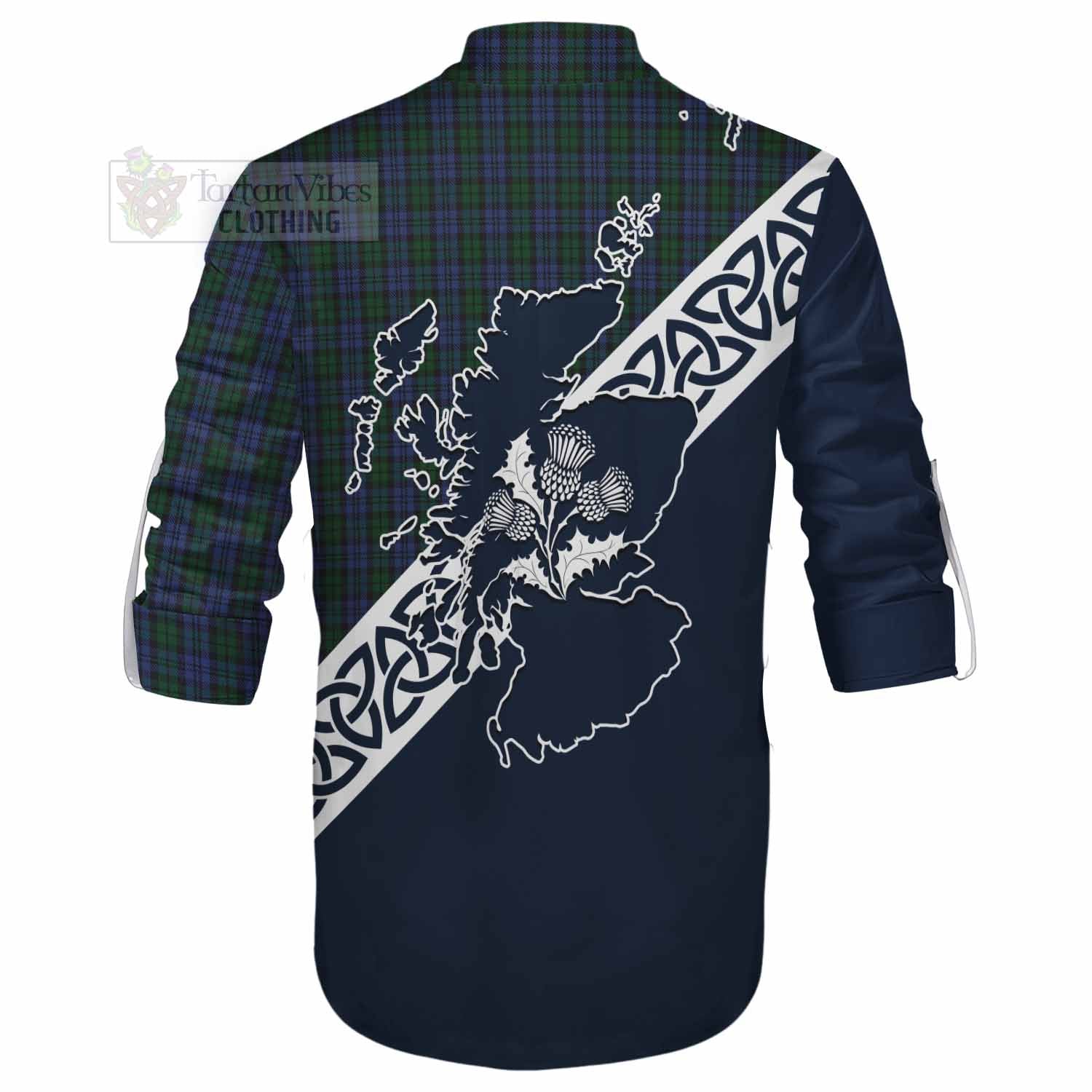 Tartan Vibes Clothing Sutherland Tartan Ghillie Kilt Shirt Featuring Thistle and Scotland Map