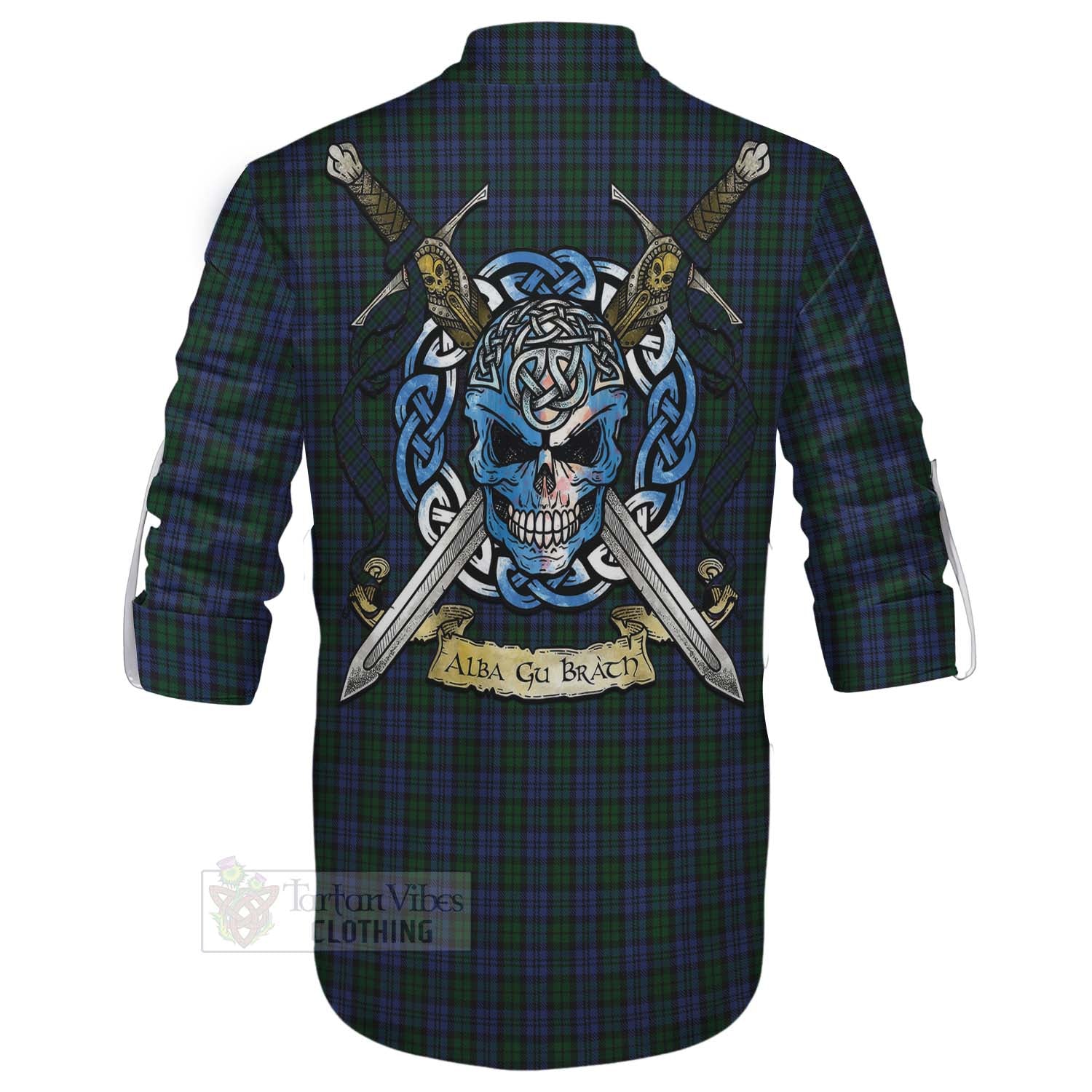 Tartan Vibes Clothing Sutherland Tartan Ghillie Kilt Shirt with Family Crest Celtic Skull Style