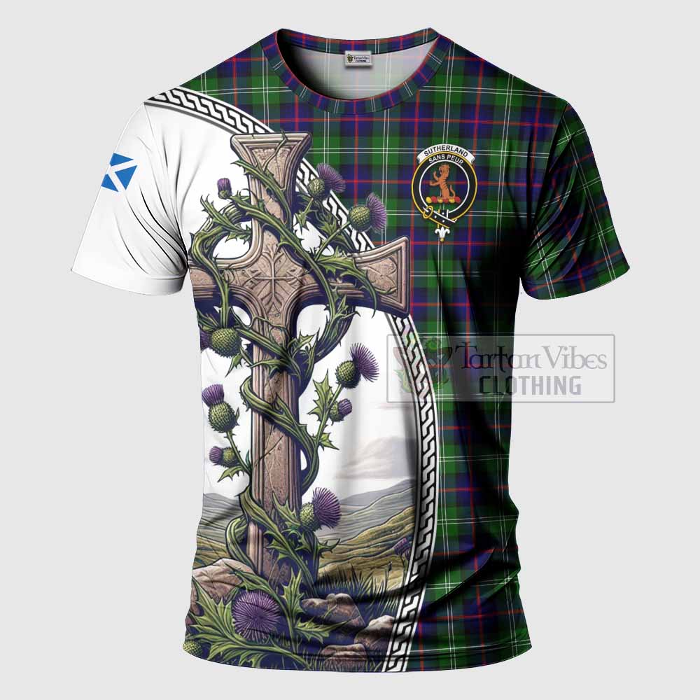 Tartan Vibes Clothing Sutherland Agnew Tartan T-Shirt with Family Crest and St. Andrew's Cross Accented by Thistle Vines