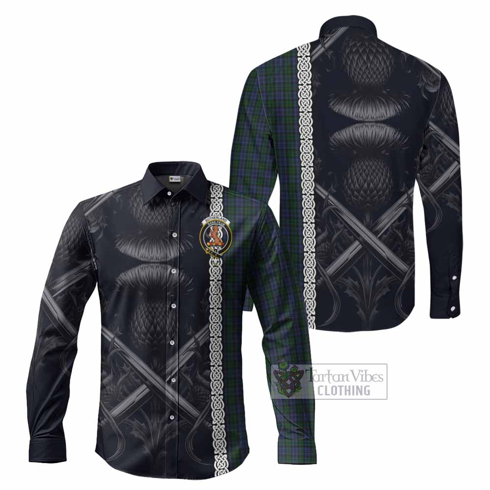 Tartan Vibes Clothing Sutherland Tartan Long Sleeve Button Shirt with Family Crest Cross Sword Thistle Celtic Vibes